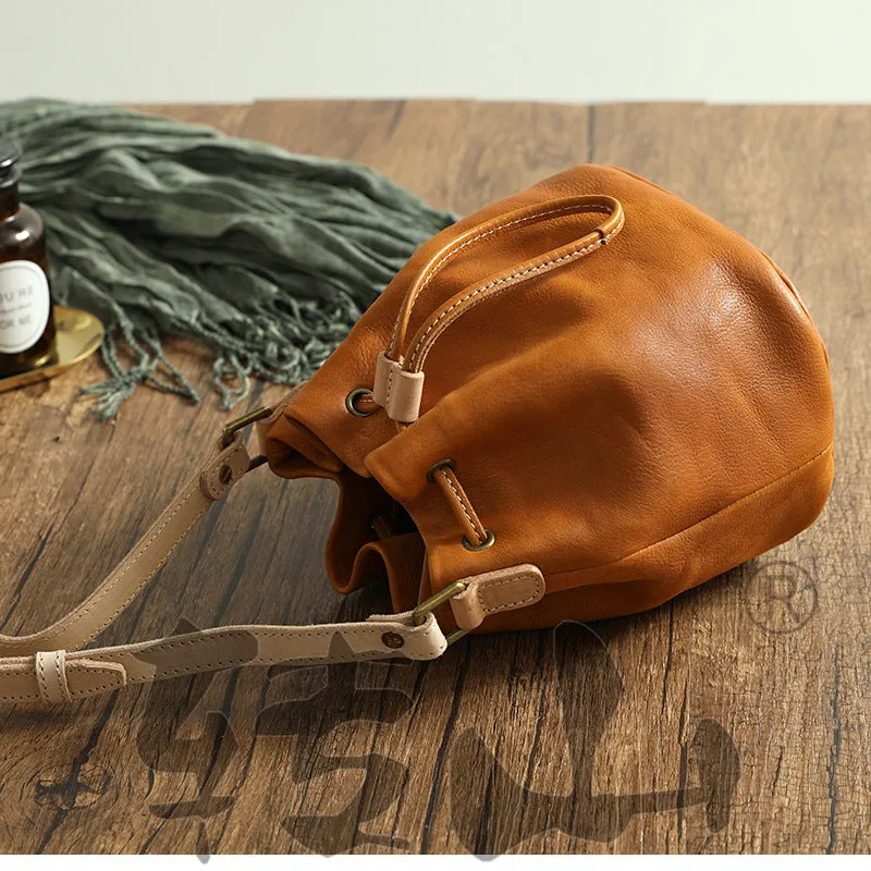 Small Women Veg Tanned Drawstring Bucket Bags 1030