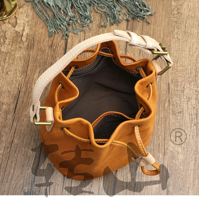 Small Women Veg Tanned Drawstring Bucket Bags 1030