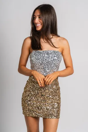 Strapless sequin mini dress silver/gold