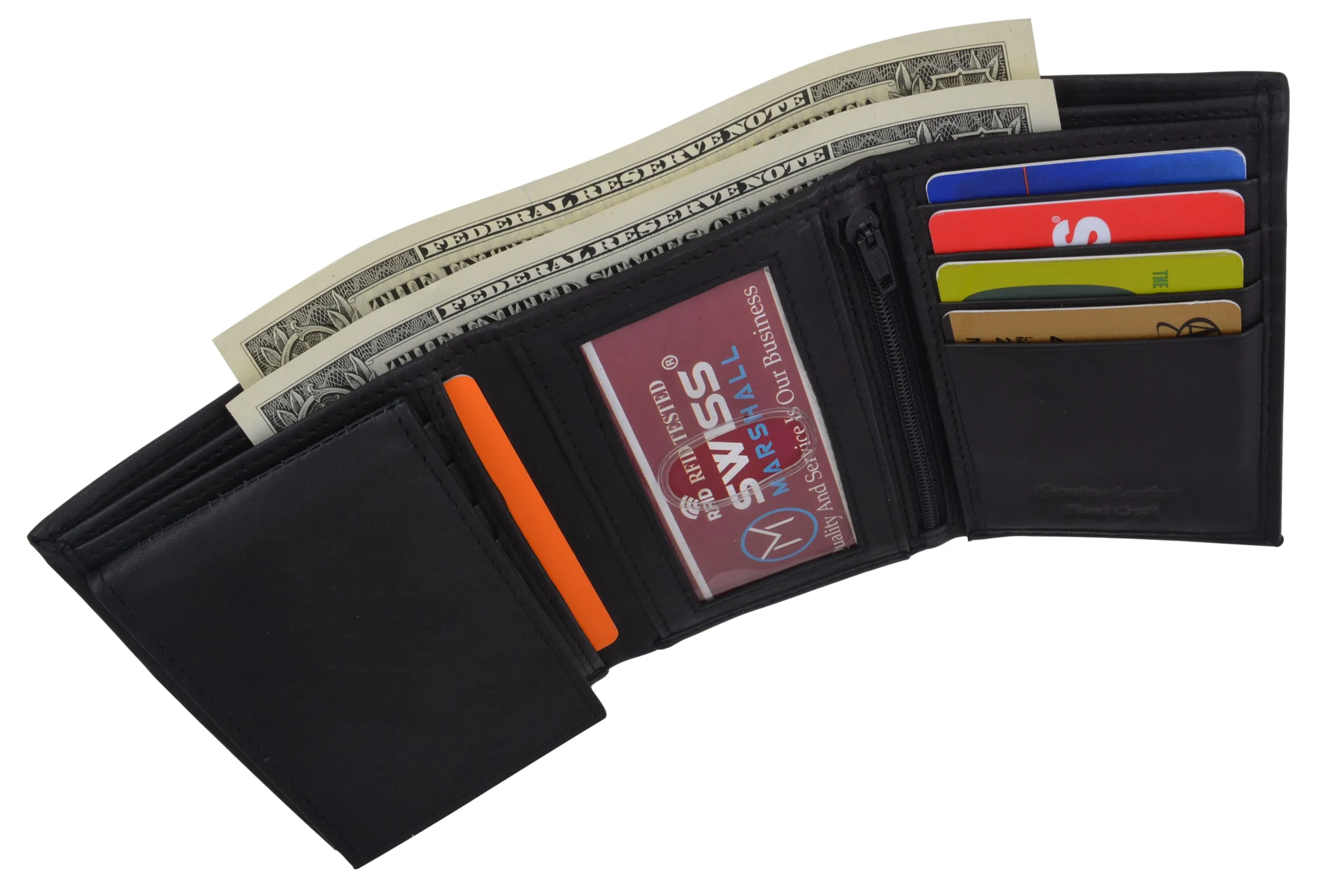 Swiss Marshall Men's RFID Blocking Premium Leather Removable Card/ID Holder Trifold Wallet
