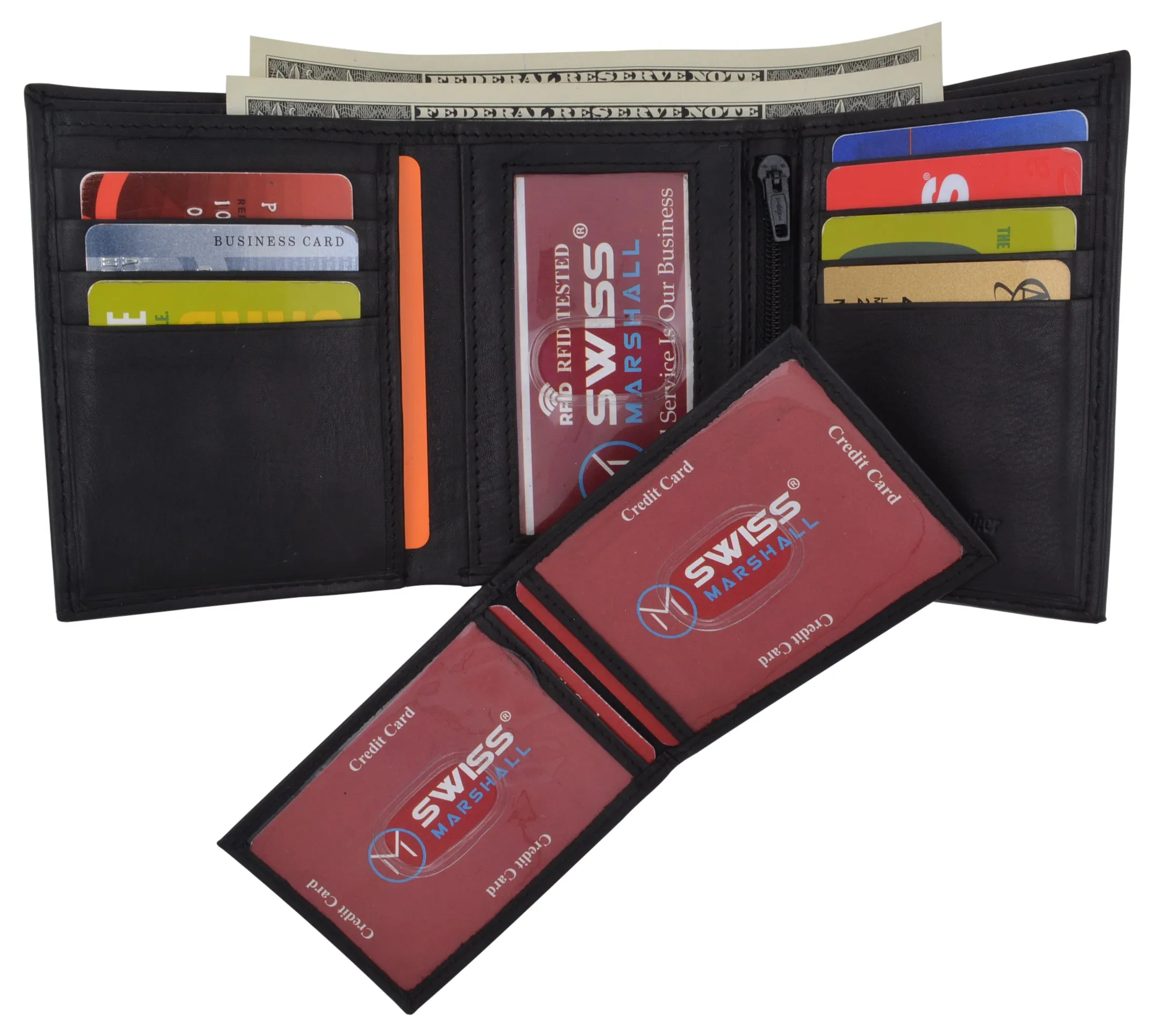 Swiss Marshall Men's RFID Blocking Premium Leather Removable Card/ID Holder Trifold Wallet