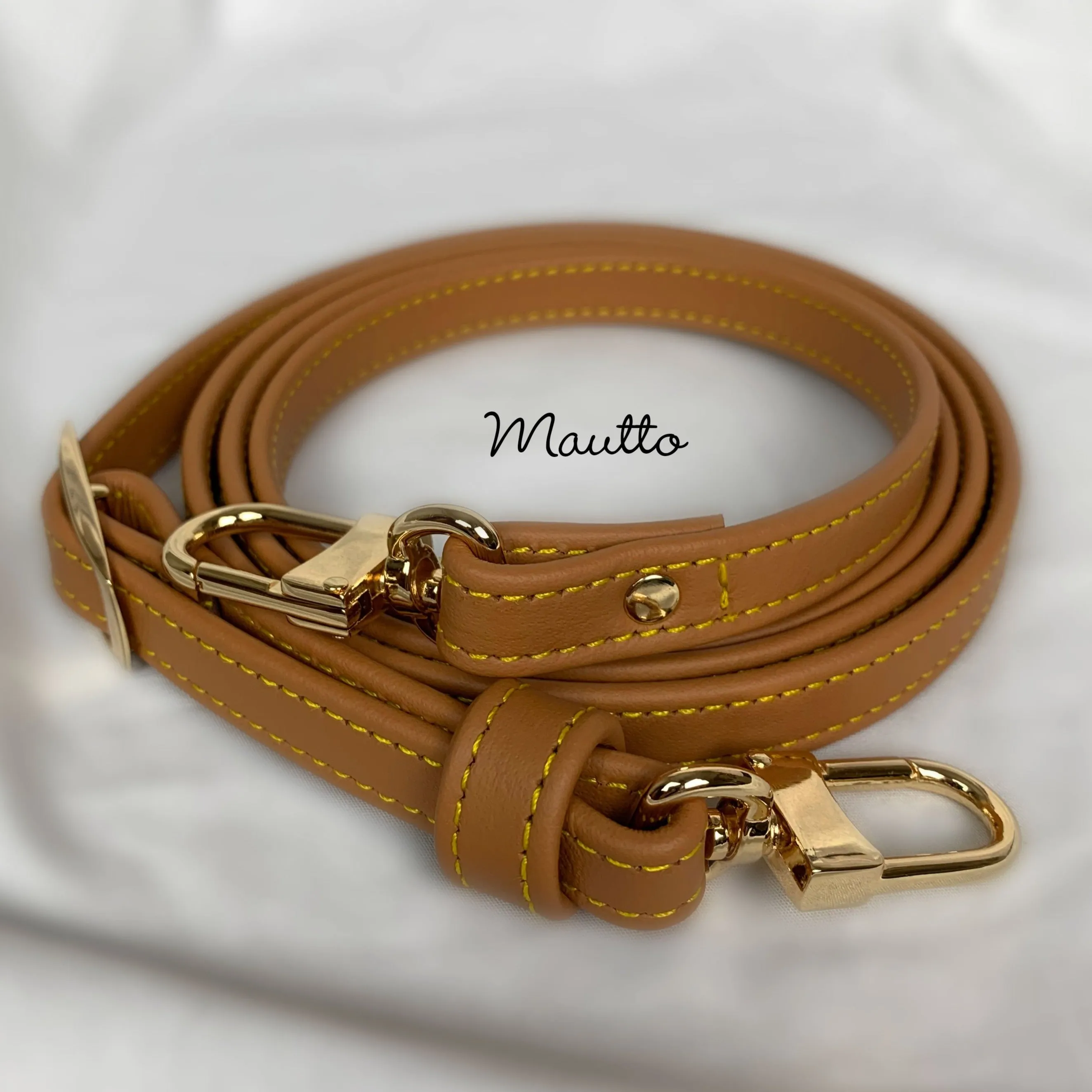 Tan Leather Strap with Yellow Stitching - Adjustable Length - 1/2 inch (13mm) Wide, #16LG Clips