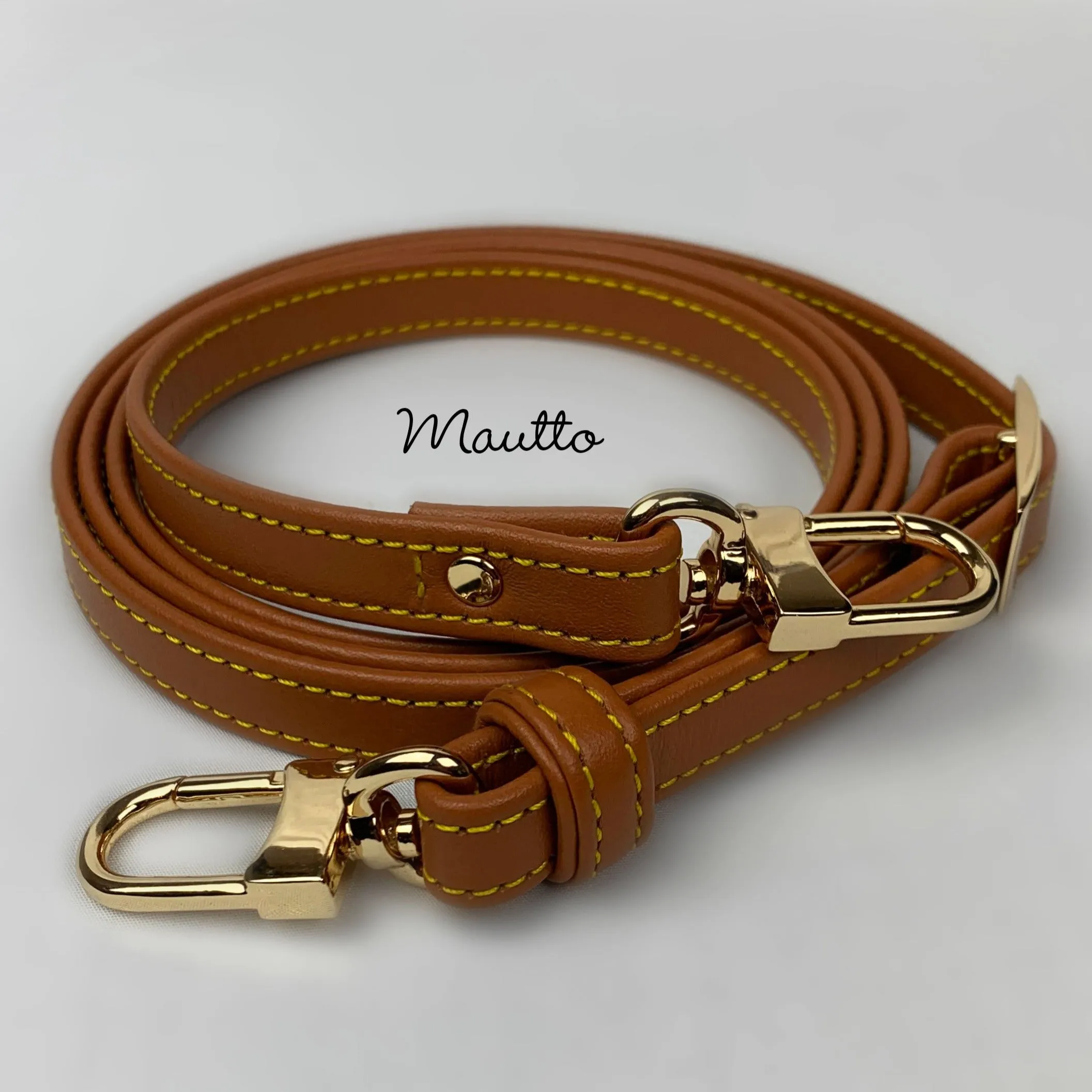 Tan Leather Strap with Yellow Stitching - Adjustable Length - 1/2 inch (13mm) Wide, #16LG Clips
