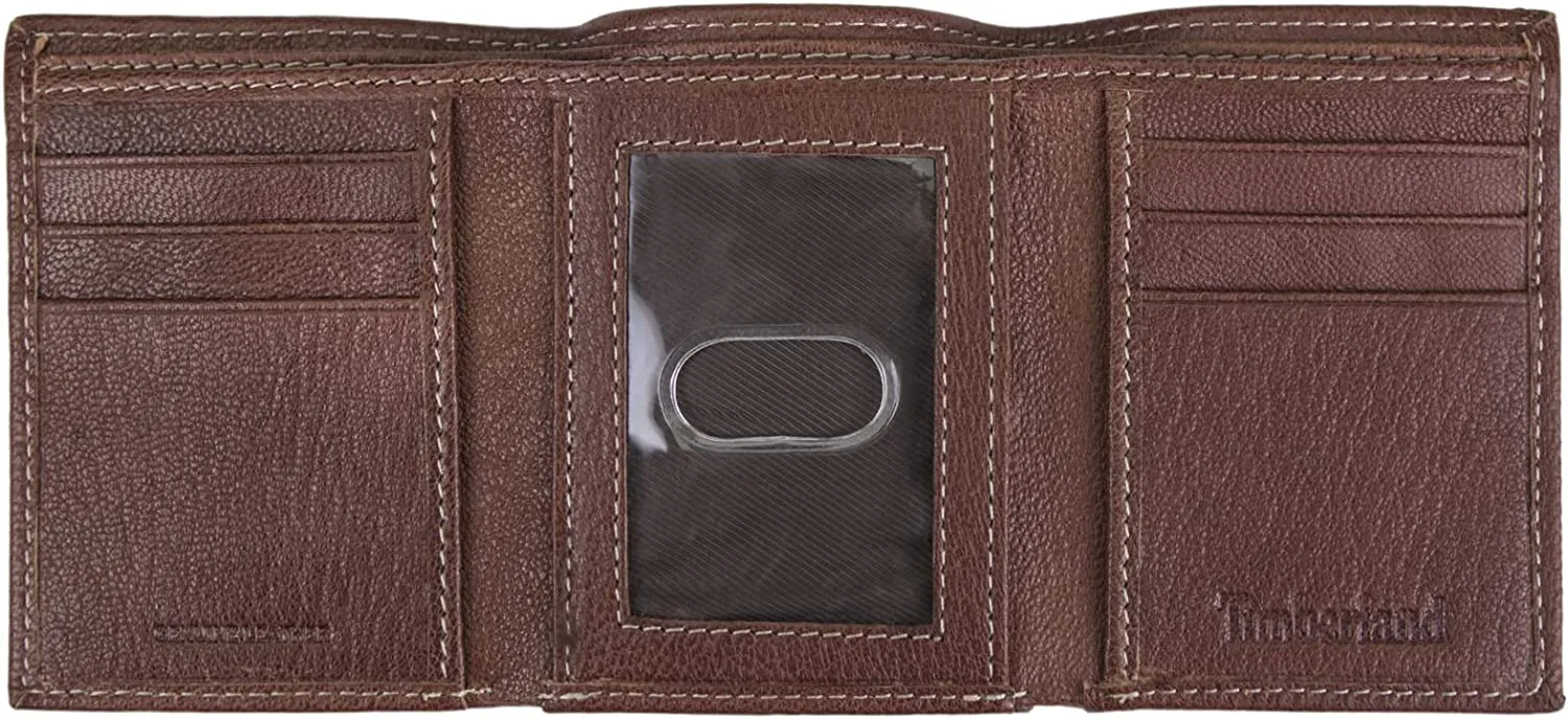 Timberland Men's Leather Trifold Wallet with Id Window Brown D97018