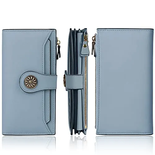 Travelambo Womens RFID Blocking Large Capacity Luxury Waxed Genuine Leather Clutch Wallet Multi Card Organizer (ReNapa Blue Classic)