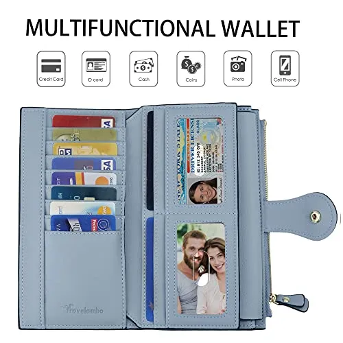Travelambo Womens RFID Blocking Large Capacity Luxury Waxed Genuine Leather Clutch Wallet Multi Card Organizer (ReNapa Blue Classic)