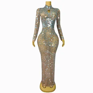 Trend4us Women's Beaded Mirror Rhinestone Long Sleeve Gown