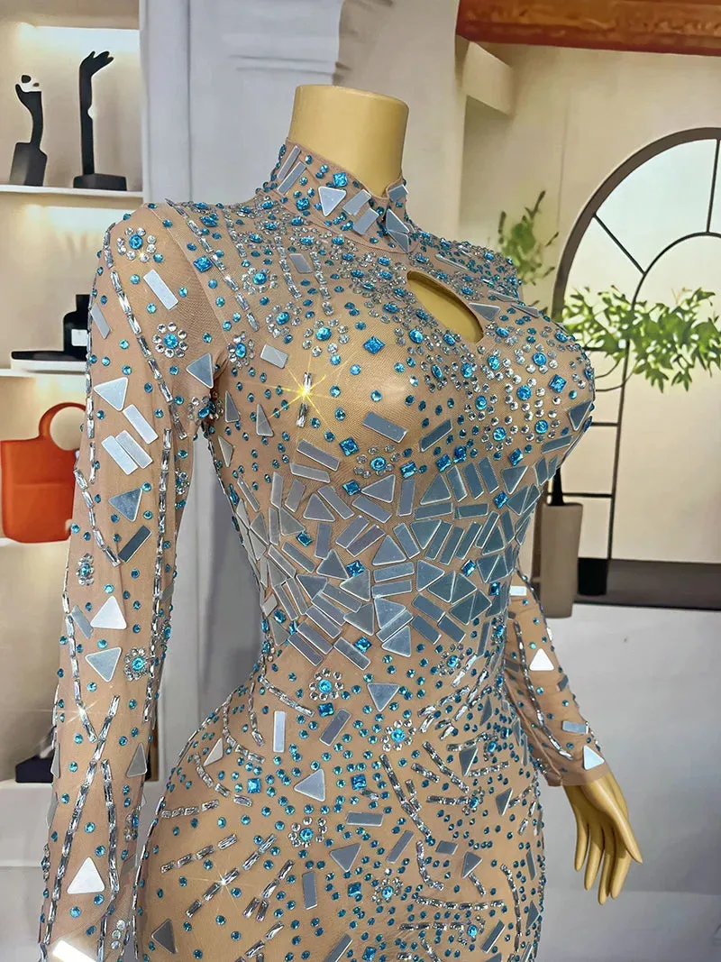 Trend4us Women's Beaded Mirror Rhinestone Long Sleeve Gown