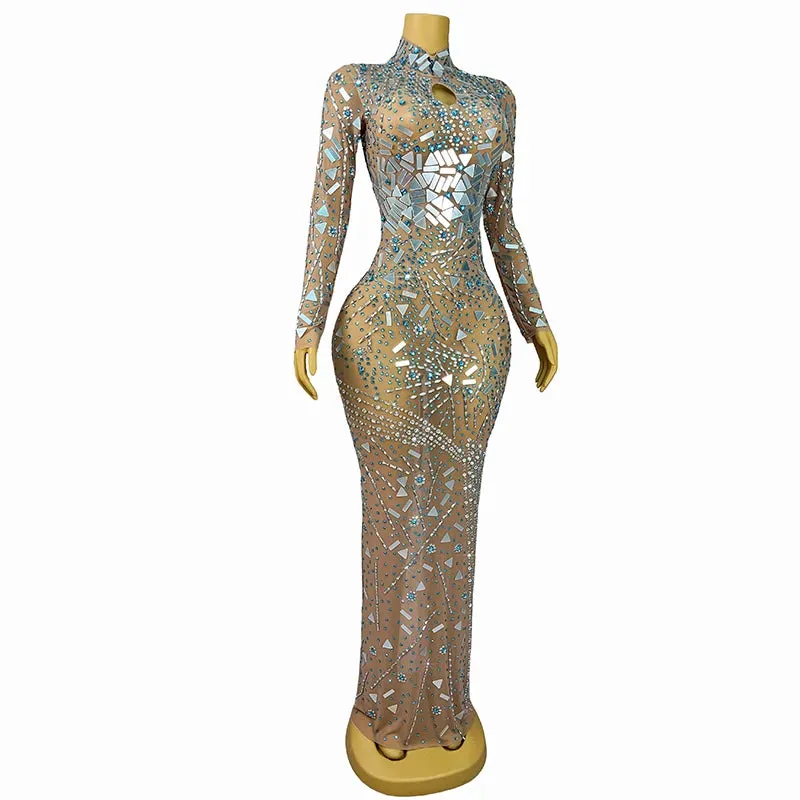 Trend4us Women's Beaded Mirror Rhinestone Long Sleeve Gown