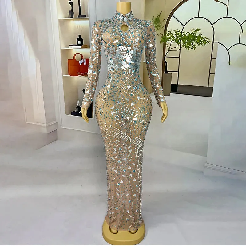 Trend4us Women's Beaded Mirror Rhinestone Long Sleeve Gown