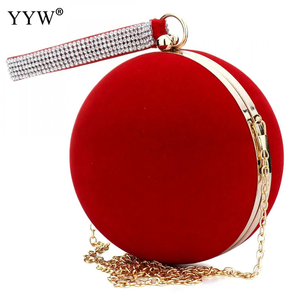 Unique Velvet Iron-On Lady Handbag Red Shoulder Clutch Bag Spherical Evening Bag Small Purse Chain Shoulder Bolsos Mujer