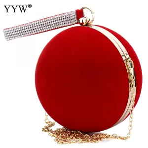 Unique Velvet Iron-On Lady Handbag Red Shoulder Clutch Bag Spherical Evening Bag Small Purse Chain Shoulder Bolsos Mujer