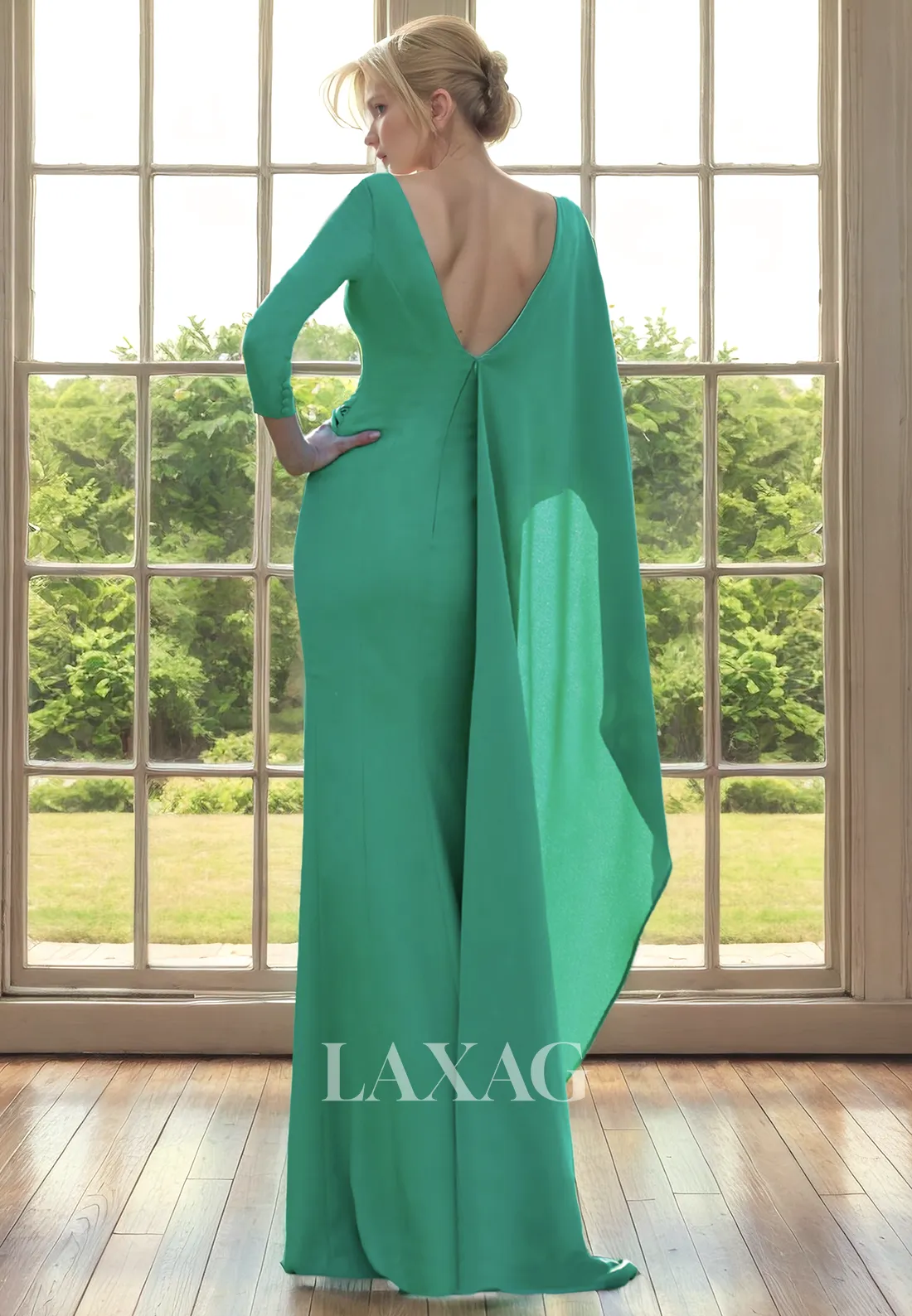V-Neck Quarter Sleeves Beaded Mermaid Mother of the Bride Dress with Slit