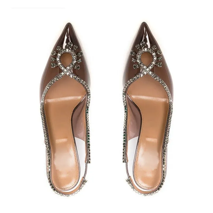 Womens Clear Heels Summer Pointed Toe Chain Sandals with Rhinestones