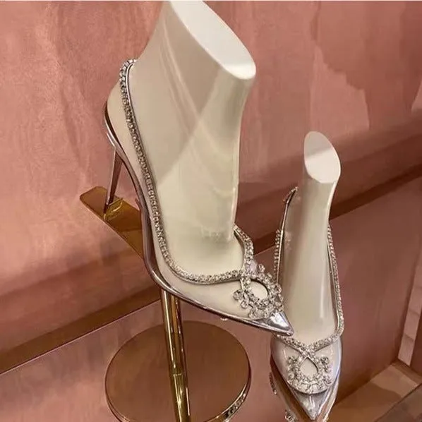 Womens Clear Heels Summer Pointed Toe Chain Sandals with Rhinestones