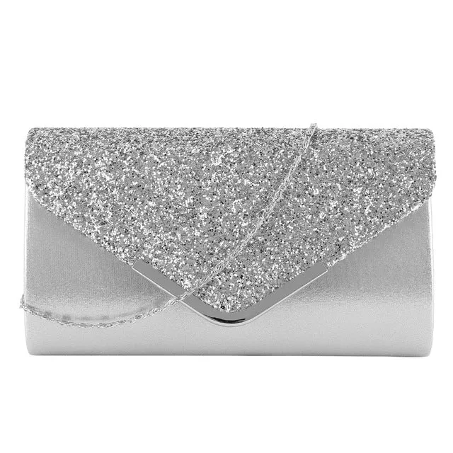 Women’s Satin and Crystal Clutch with Chain Shoulder Strap
