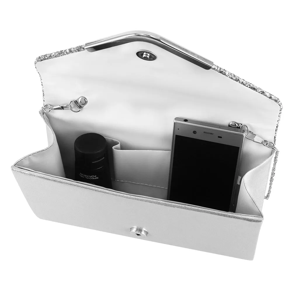 Women’s Satin and Crystal Clutch with Chain Shoulder Strap
