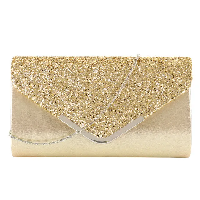 Women’s Satin and Crystal Clutch with Chain Shoulder Strap