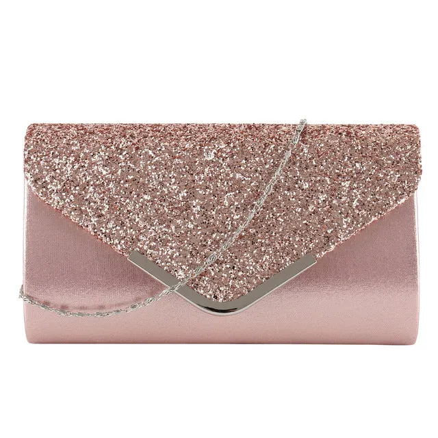 Women’s Satin and Crystal Clutch with Chain Shoulder Strap