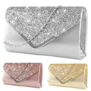 Women’s Satin and Crystal Clutch with Chain Shoulder Strap