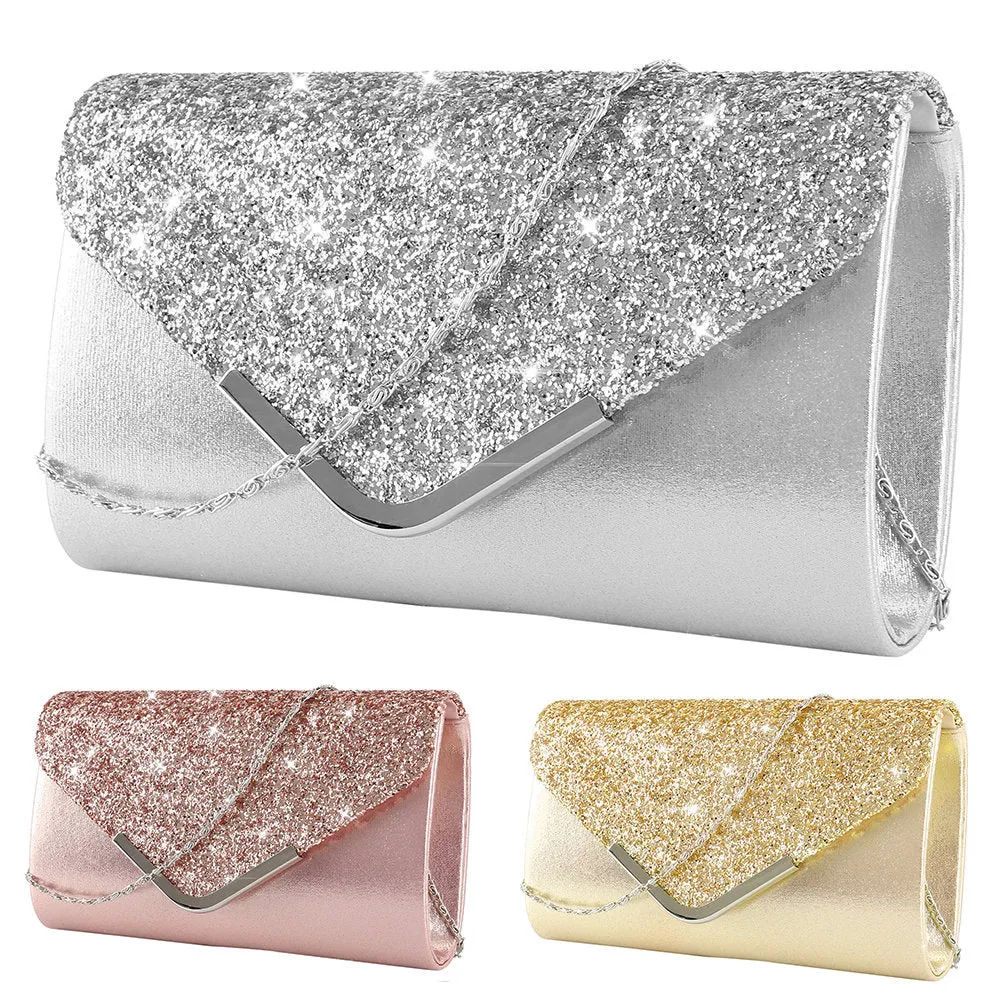 Women’s Satin and Crystal Clutch with Chain Shoulder Strap