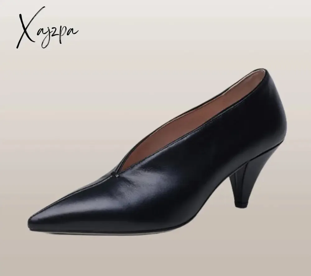 Xajzpa - hot women Genuine Leather shoes cow leather Sheep suede spike heels pointed toe women pumps professional  office career