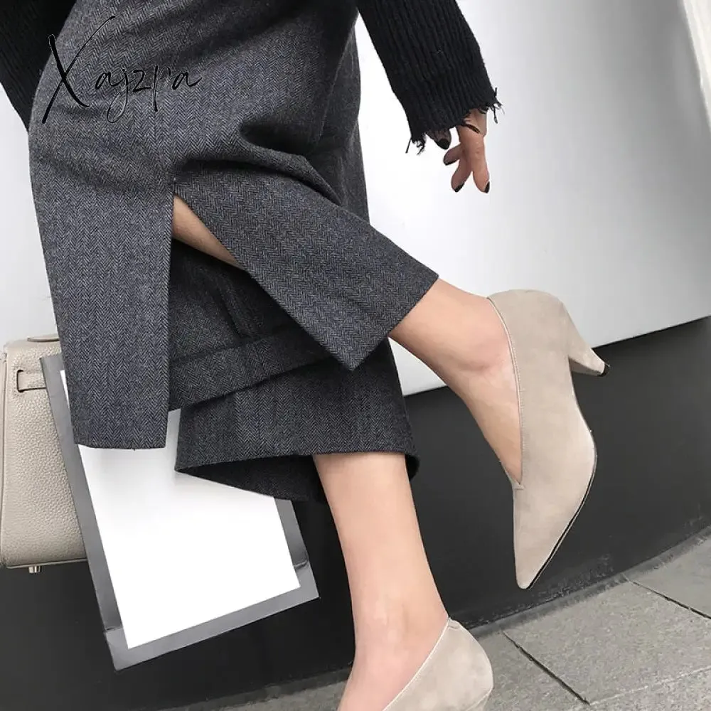 Xajzpa - hot women Genuine Leather shoes cow leather Sheep suede spike heels pointed toe women pumps professional  office career