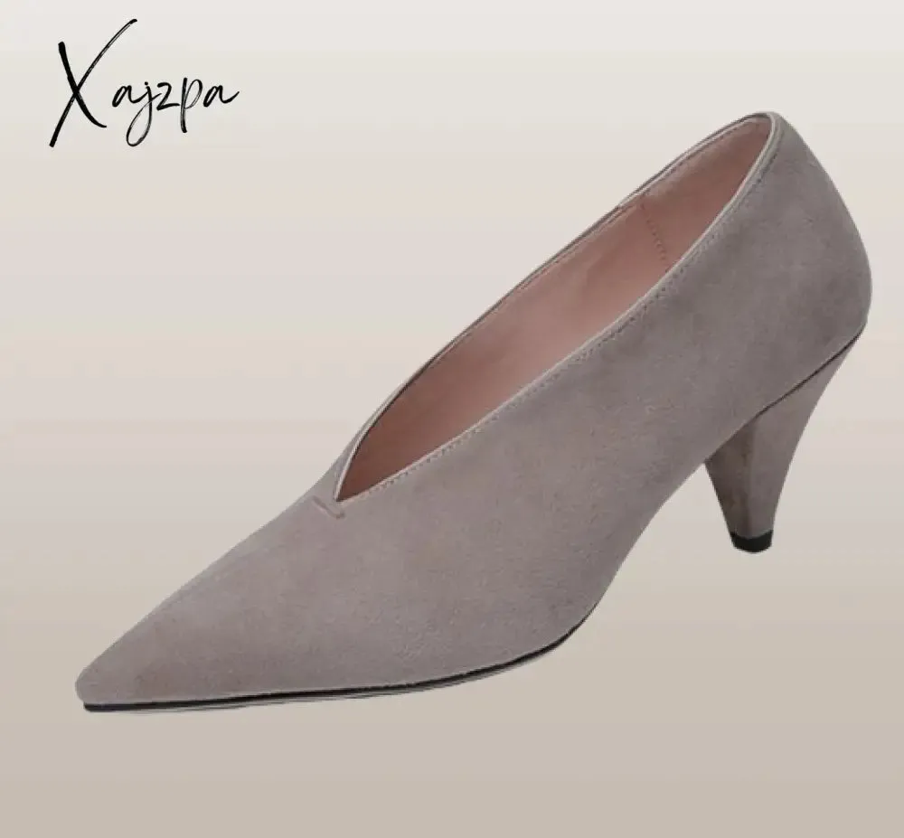 Xajzpa - hot women Genuine Leather shoes cow leather Sheep suede spike heels pointed toe women pumps professional  office career